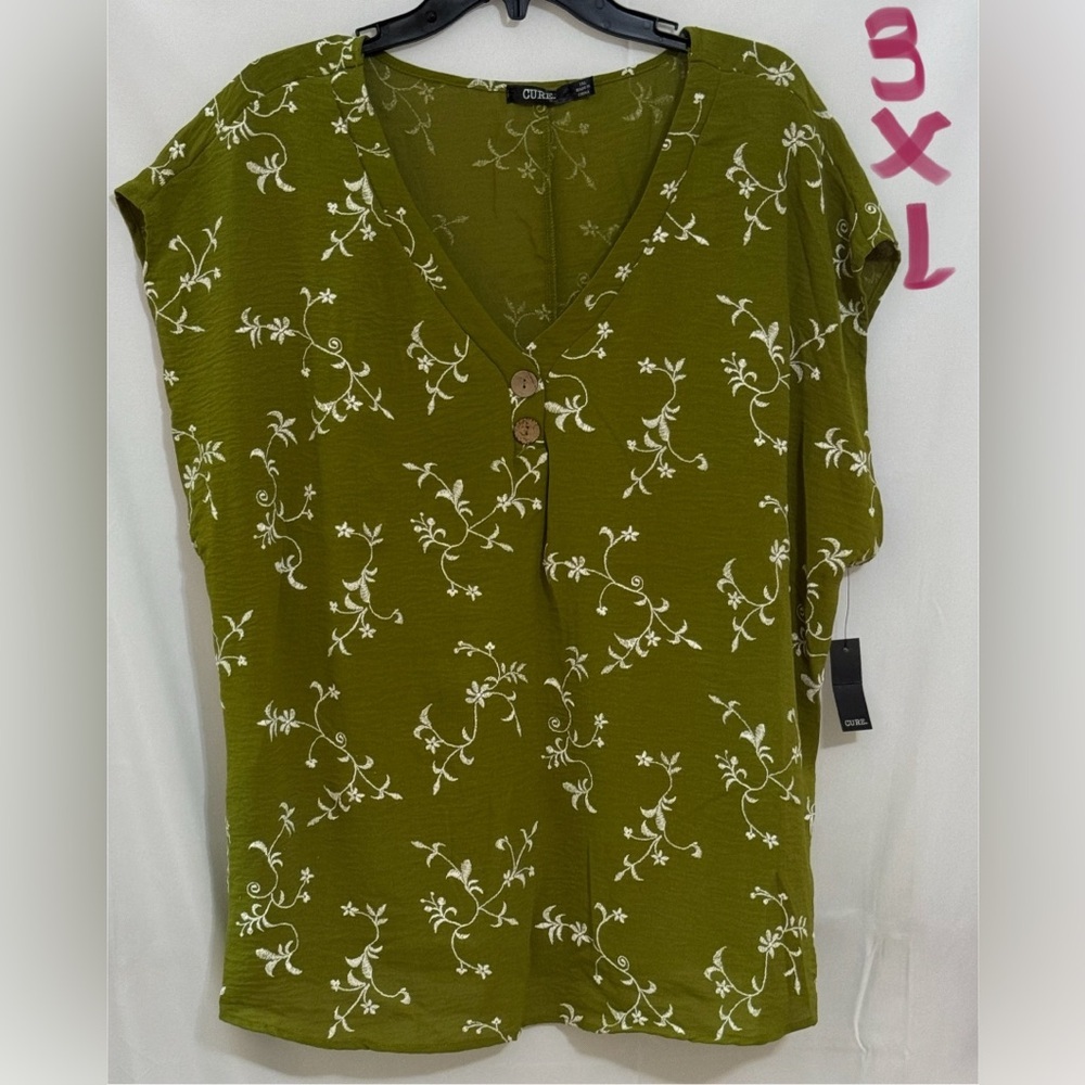 Chic Olive Green Floral Blouse with Elegant Design